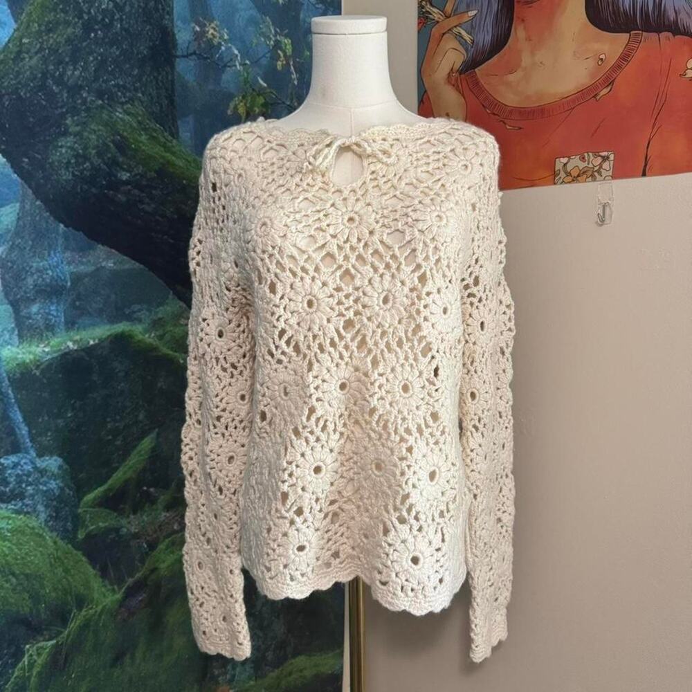 cream crochet floral handknit sweater medium boho cottagecore y2k